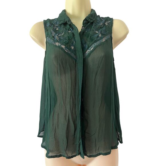 Topshop Green Sheer Blouse Blue Lace Woman Size 4 Sleeveless Button Up - Picture 1 of 8